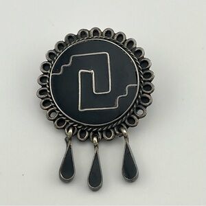 Taxco Silver 925 Black Onyx Mosaic Circle Pin Pendant Neckless Dangling 1.5"